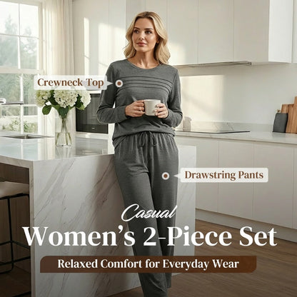 Crew Neck Drawstring 2‑Piece Loungewear Set 👚 Soft Matching Top & Pants