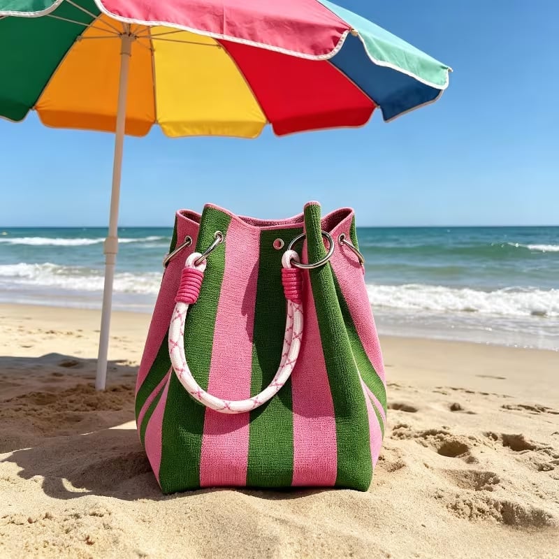 🌴 Boho Striped Knit Bucket Handbag for Women – Handmade Summer Beach Shoulder Bag