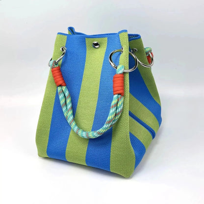 👜 Boho Striped Knit Bucket Handbag for Women – Handmade Summer Beach Shoulder Bag