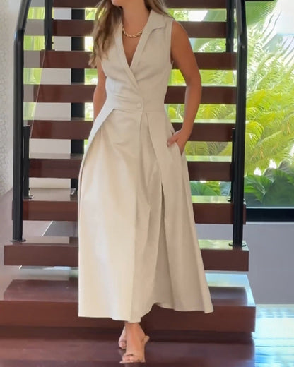 🔥Hot Sale 33% off💃Sleeveless Solid Color Lapel Midi Dresses✈️Buy 2 free shipping
