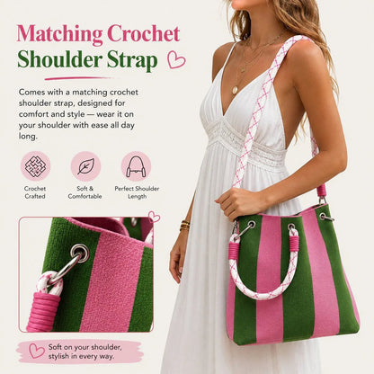🌴 Boho Striped Knit Bucket Handbag for Women – Handmade Summer Beach Shoulder Bag