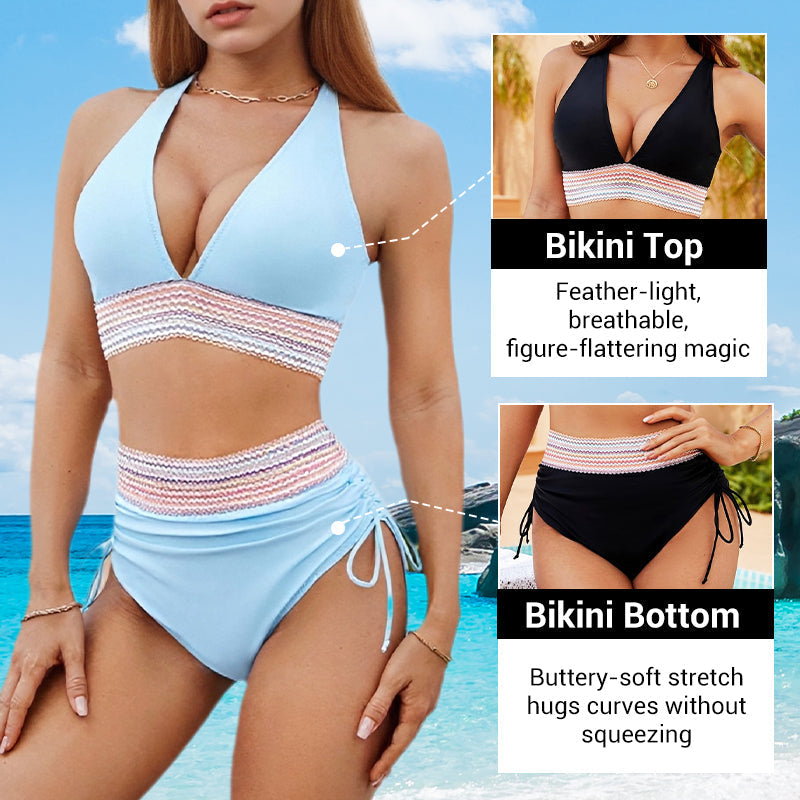 😍👙High Waisted Tummy Control Color Block Bikini Sets