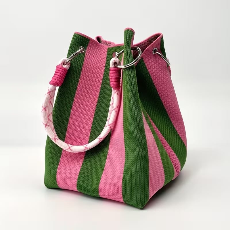 🌴 Boho Striped Knit Bucket Handbag for Women – Handmade Summer Beach Shoulder Bag