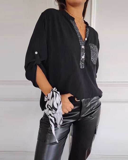 ⏳Limited Sale 51% OFF🌸Women's Sequin Patchwork V-neck Shirt