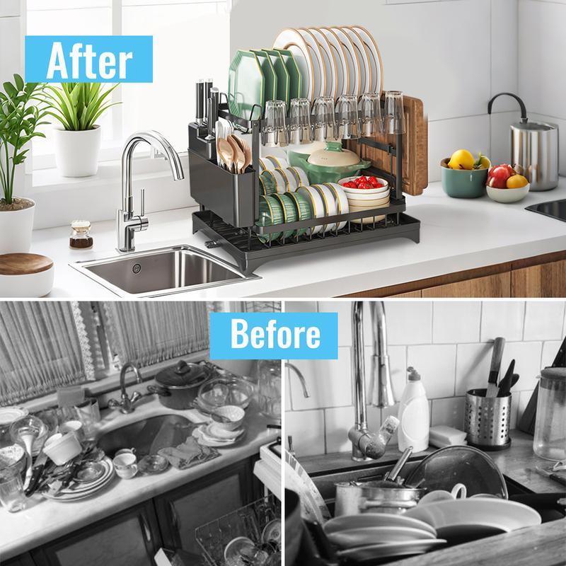 🍽️ 50% OFF!  2-Tier Dish Rack – With Drip Tray, Space-Saving & Ideal for Family Kitchens 🏠