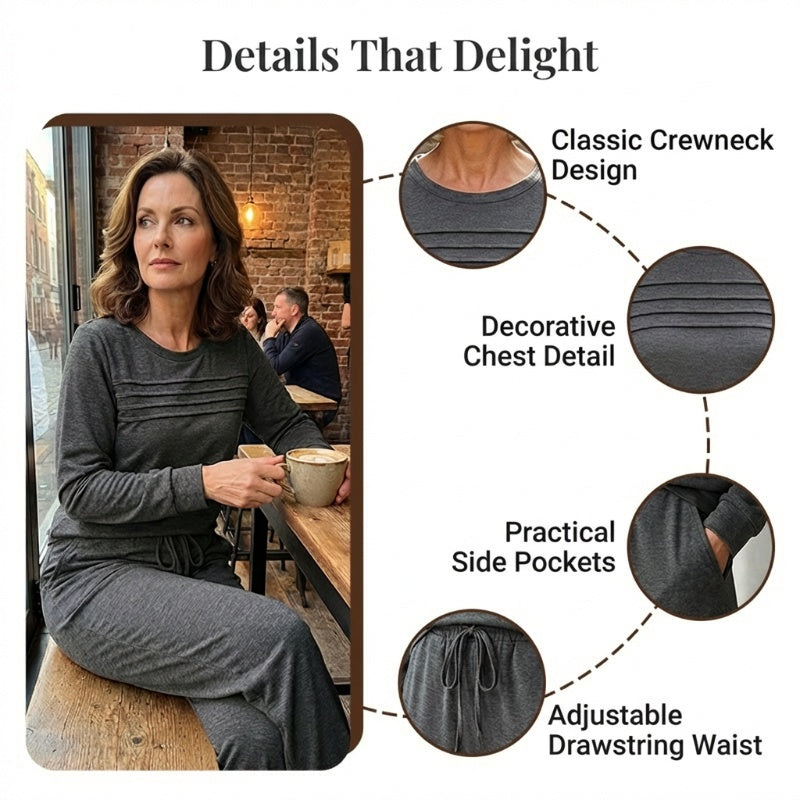 Crew Neck Drawstring 2‑Piece Loungewear Set 👚 Soft Matching Top & Pants