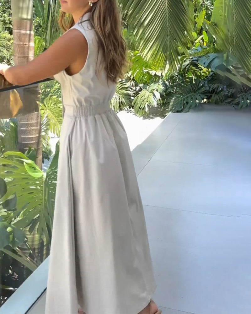 🔥Hot Sale 33% off💃Sleeveless Solid Color Lapel Midi Dresses✈️Buy 2 free shipping