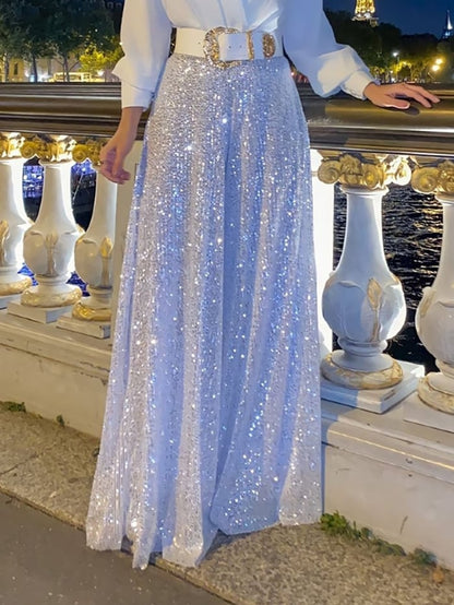 🔥HOT SALE-69% OFF💝Elegant long-sleeved blouse with V-neckline and wide sequinned jumpsuit trousers