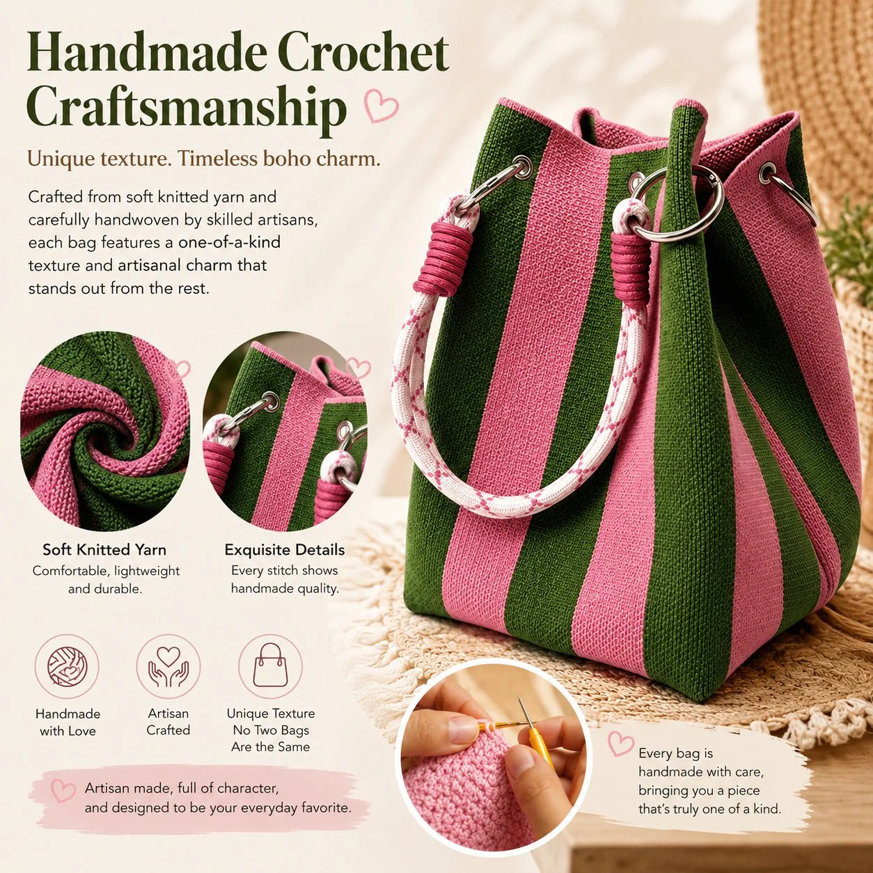 🌴 Boho Striped Knit Bucket Handbag for Women – Handmade Summer Beach Shoulder Bag