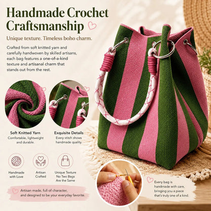 🌴 Boho Striped Knit Bucket Handbag for Women – Handmade Summer Beach Shoulder Bag