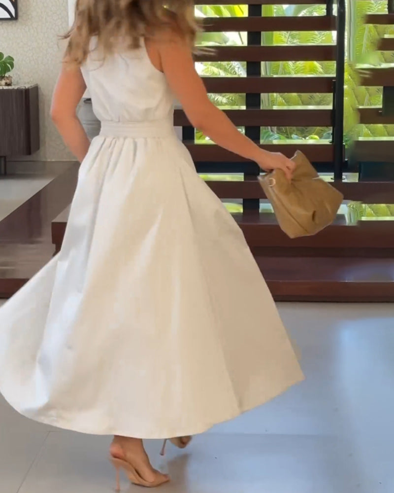 🔥Hot Sale 33% off💃Sleeveless Solid Color Lapel Midi Dresses✈️Buy 2 free shipping
