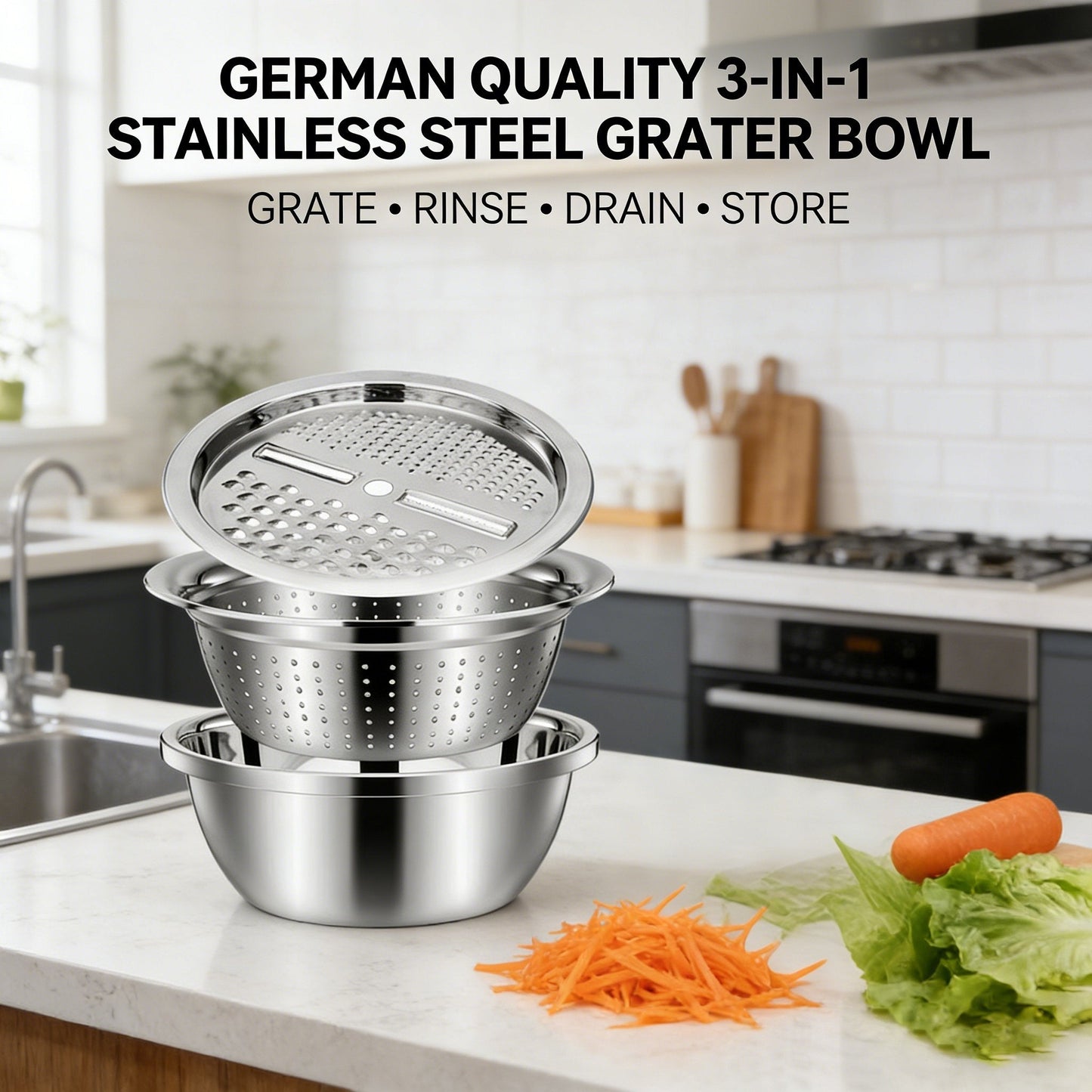 ✨HOT SALE 50% OFF- 🌞🍴German Quality 3-in-1 Stainless Steel Grater Bowl