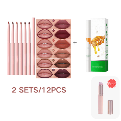Hot Sale Deals- 12-Color Matte Lipstick & Lip Liner Set (Wood-Cased)