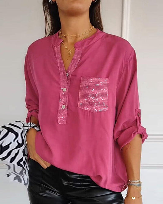 ⏳Limited Sale 51% OFF🌸Women's Sequin Patchwork V-neck Shirt