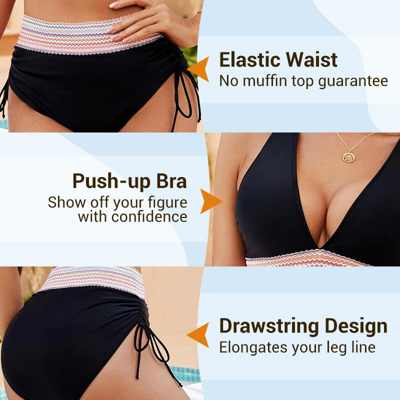 😍👙High Waisted Tummy Control Color Block Bikini Sets