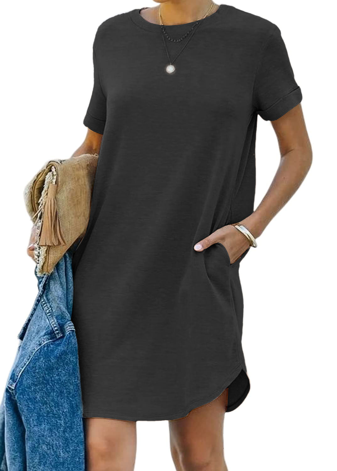 🌈2024 Women's Casual Short Sleeve T Shirt Dress Basic Dresses with Pockets