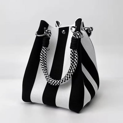 🌴 Boho Striped Knit Bucket Handbag for Women – Handmade Summer Beach Shoulder Bag
