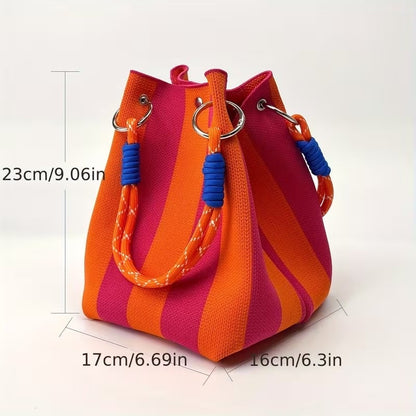 🌴 Boho Striped Knit Bucket Handbag for Women – Handmade Summer Beach Shoulder Bag