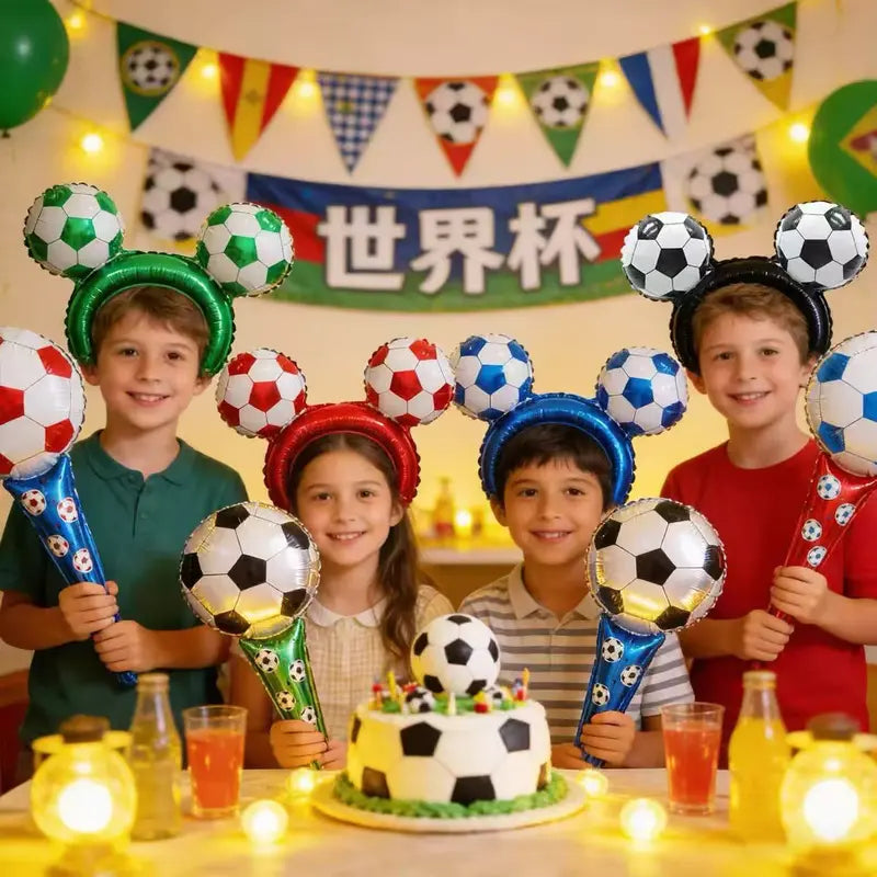 ⚽🏆 50pcs 2026 World Cup Party Set 4 Soccer Headbands 4 Cheer Sticks 🎉🎈 Foil Balloons Photo Backdrop
