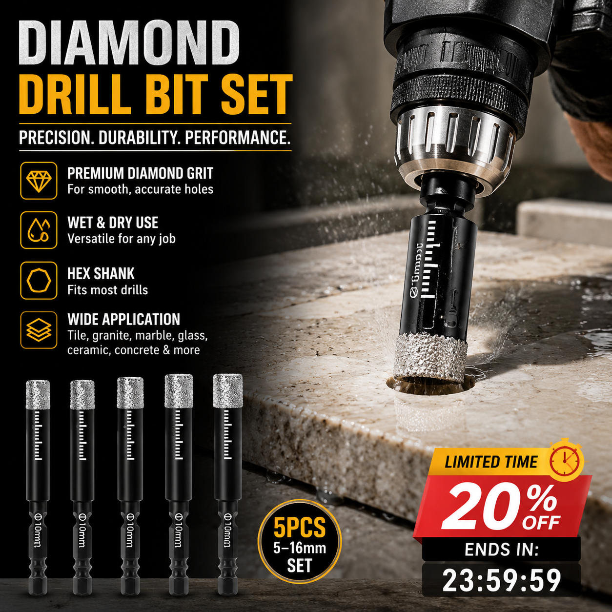 💎 50% OFF NOW! 🔧 Diamond Drill Bits Set – 5-16mm Sizes, Hex Shank, Dry/Wet Use – Smooth Precision Holes 🏗️