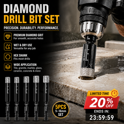 💎 50% OFF NOW! 🔧 Diamond Drill Bits Set – 5-16mm Sizes, Hex Shank, Dry/Wet Use – Smooth Precision Holes 🏗️