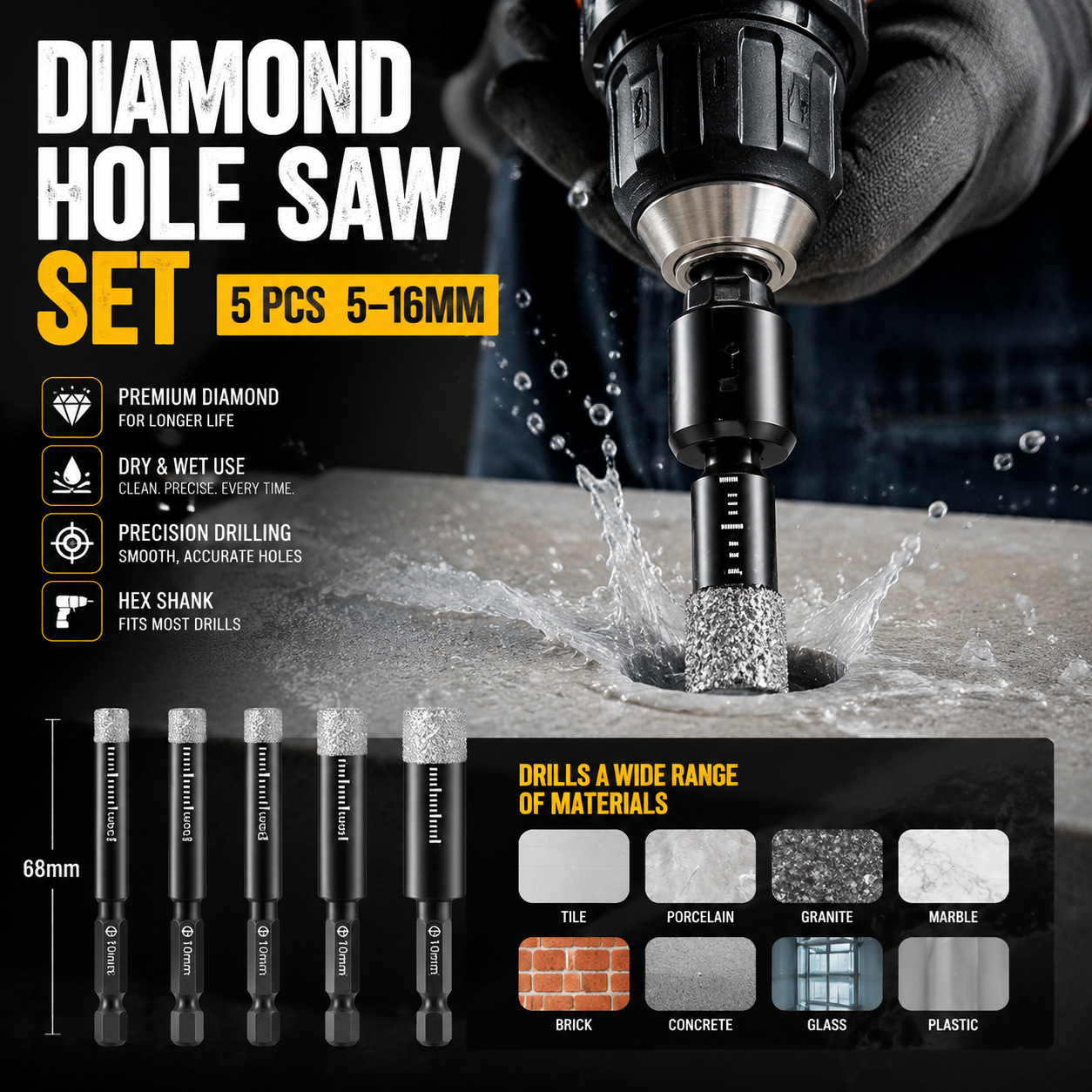 💎 50% OFF NOW! 🔧 Diamond Drill Bits Set – 5-16mm Sizes, Hex Shank, Dry/Wet Use – Smooth Precision Holes 🏗️