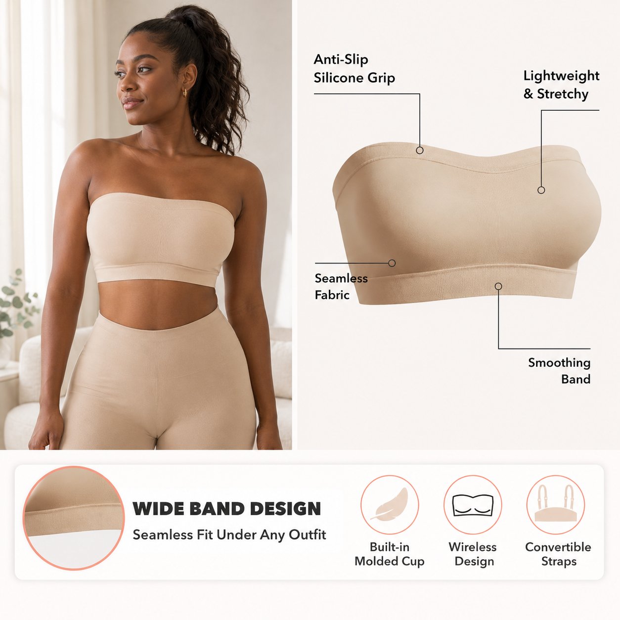📢📢LIMITED-TIME  50%!!☀️Anti-Slip Grip & Removable Straps✨Convertible Strapless Bandeau Bra with Wireless Comfort👍Suitable for All Body Types