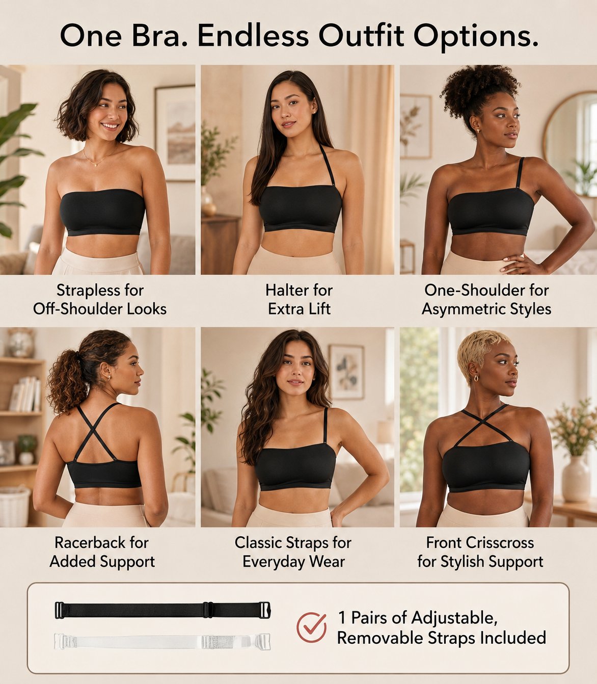 📢📢LIMITED-TIME  50%!!☀️Anti-Slip Grip & Removable Straps✨Convertible Strapless Bandeau Bra with Wireless Comfort👍Suitable for All Body Types