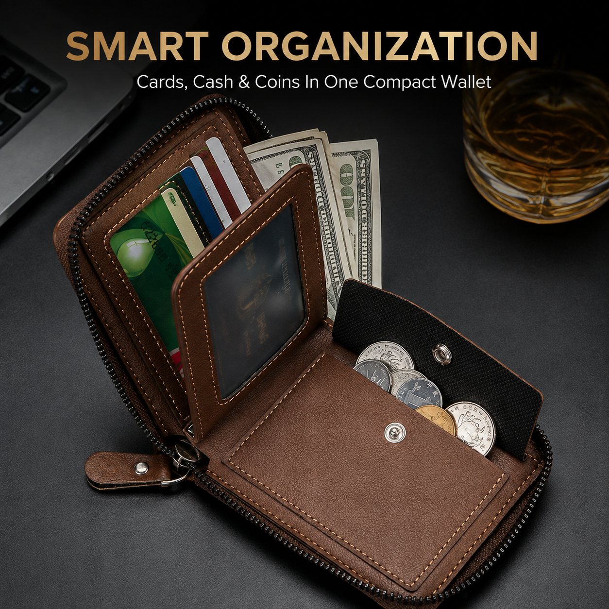 Vintage Men's Short Zip-Around Trifold Wallet