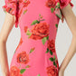 Cheongsam Style Rose Floral Print Tiered Flare Sleeve Stretch Maxi Dress