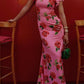 Cheongsam Style Rose Floral Print Tiered Flare Sleeve Stretch Maxi Dress