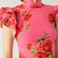 Cheongsam Style Rose Floral Print Tiered Flare Sleeve Stretch Maxi Dress
