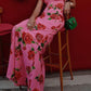 Cheongsam Style Rose Floral Print Tiered Flare Sleeve Stretch Maxi Dress