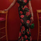 Cheongsam Style Rose Floral Print Tiered Flare Sleeve Stretch Maxi Dress