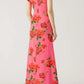 Cheongsam Style Rose Floral Print Tiered Flare Sleeve Stretch Maxi Dress