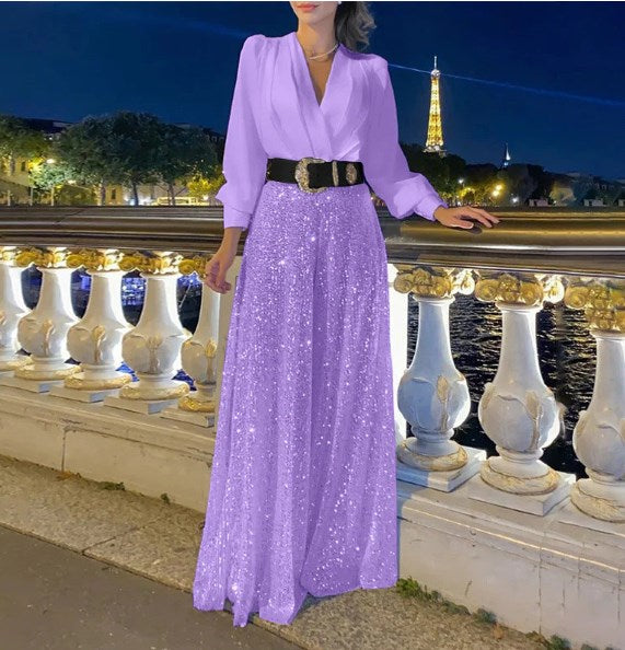 🔥HOT SALE-69% OFF💝Elegant long-sleeved blouse with V-neckline and wide sequinned jumpsuit trousers