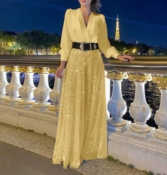 🔥HOT SALE-69% OFF💝Elegant long-sleeved blouse with V-neckline and wide sequinned jumpsuit trousers