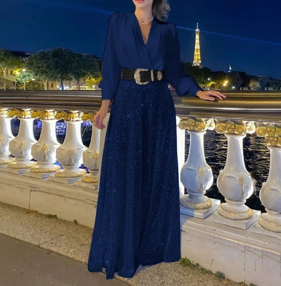 🔥HOT SALE-69% OFF💝Elegant long-sleeved blouse with V-neckline and wide sequinned jumpsuit trousers