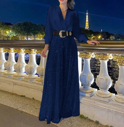 🔥HOT SALE-69% OFF💝Elegant long-sleeved blouse with V-neckline and wide sequinned jumpsuit trousers