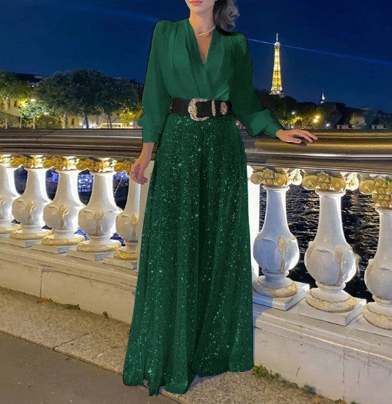 🔥HOT SALE-69% OFF💝Elegant long-sleeved blouse with V-neckline and wide sequinned jumpsuit trousers