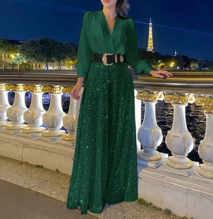 🔥HOT SALE-69% OFF💝Elegant long-sleeved blouse with V-neckline and wide sequinned jumpsuit trousers