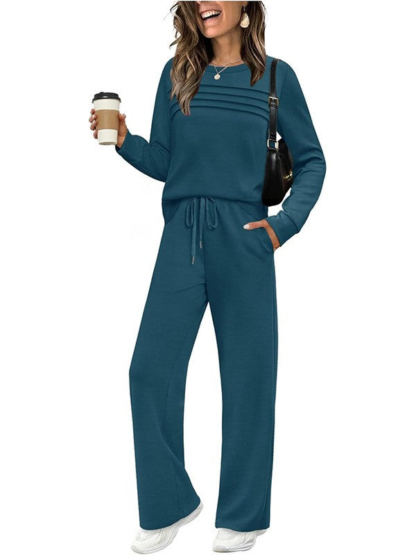 Crew Neck Drawstring 2‑Piece Loungewear Set 👚 Soft Matching Top & Pants