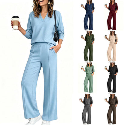 ✨ Women's Chic V-Neck 2-Piece Lounge Set – Relaxed Long-Sleeve Top, Flowy Wide-Leg Pants & Effortless Comfort for a Stylish, Put-Together Look at Home or On the Go! 🌸