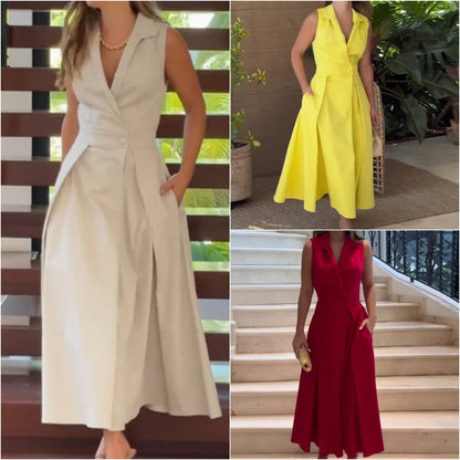 🔥Hot Sale 33% off💃Sleeveless Solid Color Lapel Midi Dresses✈️Buy 2 free shipping