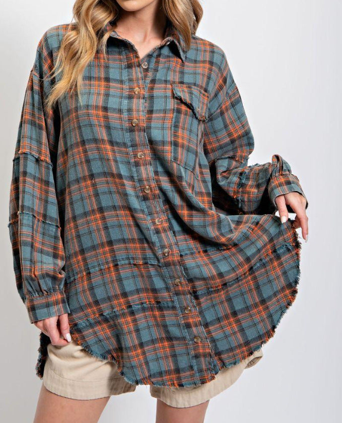 🔥Hot Sale 68% OFF🔥🏆Women's Mineral Washed Button Down Plaid Shirt