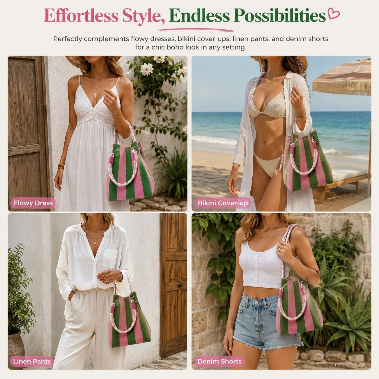 🌴 Boho Striped Knit Bucket Handbag for Women – Handmade Summer Beach Shoulder Bag