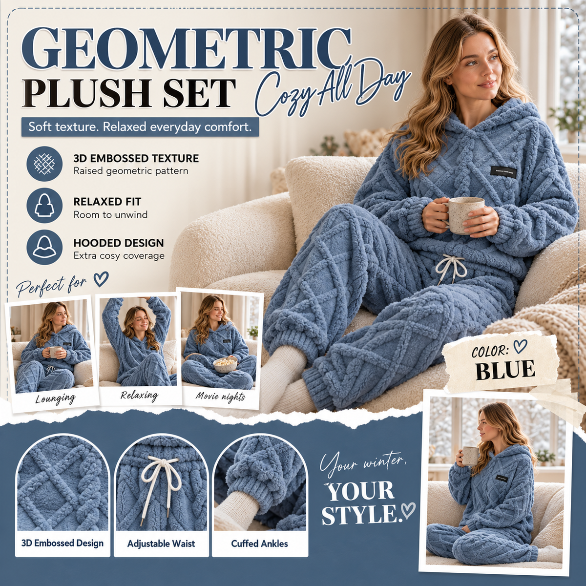 💖Black Friday Mega Deal – 50% off!💖Embossed Geometric Plush Set ✨Timeless Comfort & Effortless Style For Every Occasion