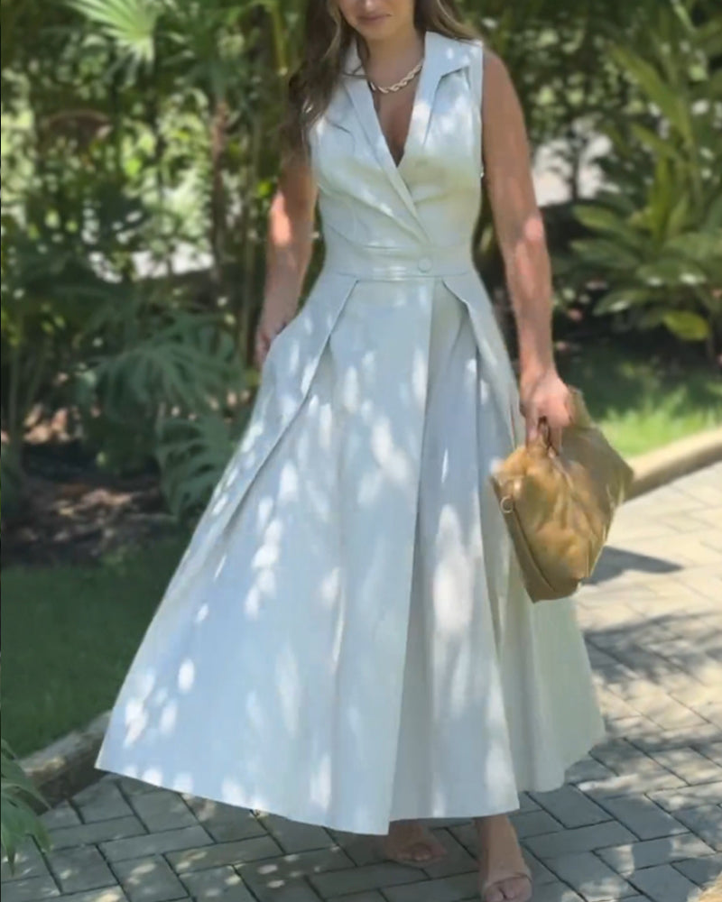 🔥Hot Sale 33% off💃Sleeveless Solid Color Lapel Midi Dresses✈️Buy 2 free shipping