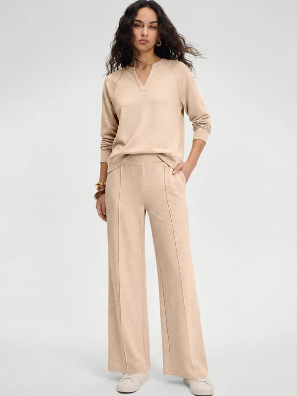 ✨ Women's Chic V-Neck 2-Piece Lounge Set – Relaxed Long-Sleeve Top, Flowy Wide-Leg Pants & Effortless Comfort for a Stylish, Put-Together Look at Home or On the Go! 🌸