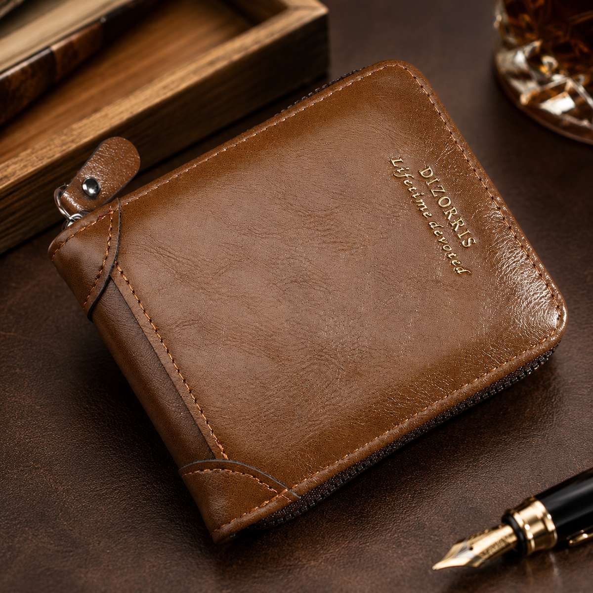 Vintage Men's Short Zip-Around Trifold Wallet